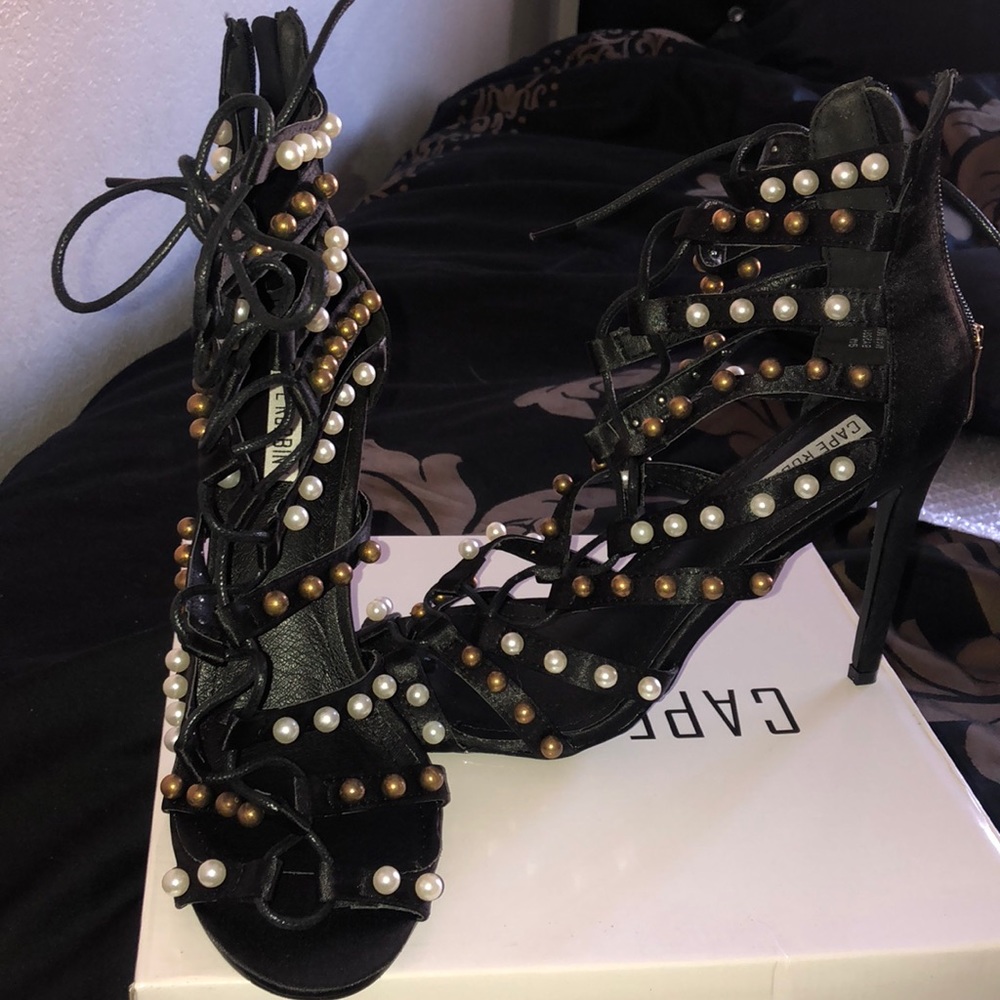 new black with gold and white pearls lace up heel